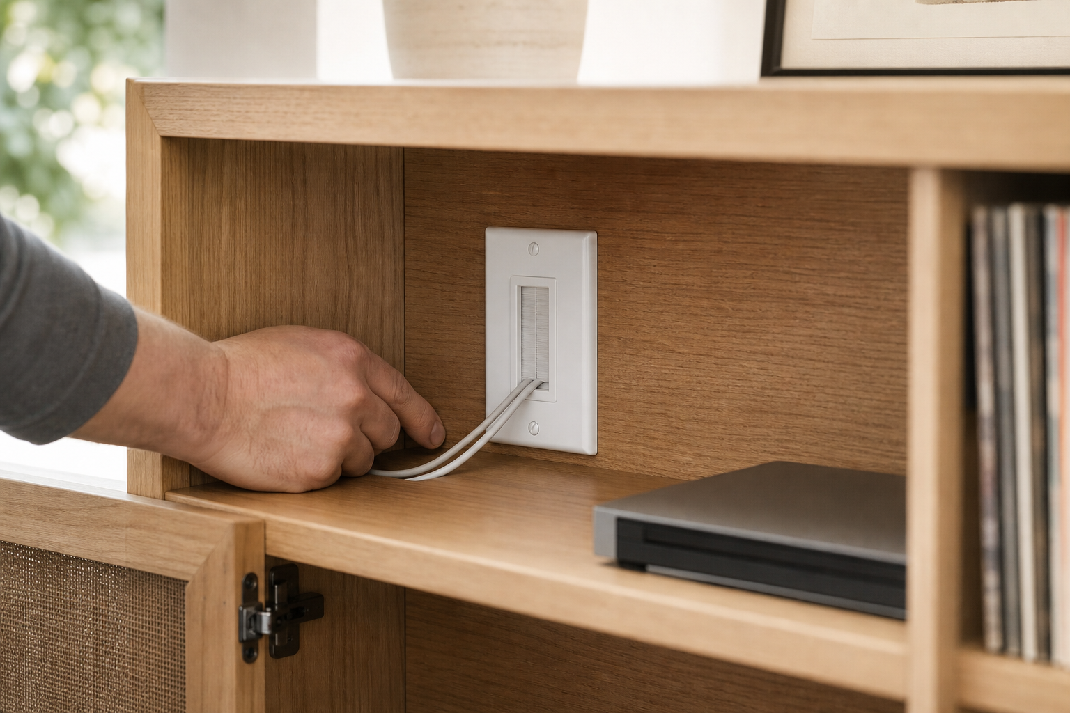 PRO-WPW Brush cable pass-through wall plate installed for Displays and Equipment racks